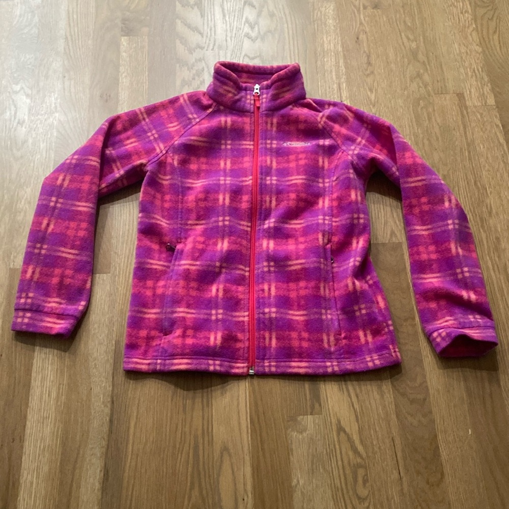 Columbia Girl’s Pink Purple Plaid Polyester Zipper Fleece Jacket Coat